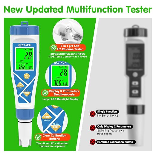 Pool pH Salt Chlorine Tester 8 in 1 Digital Salinity TDS EC ORP H2 | pH Chlorine for Salt Water Pool, Hot Tub, Hydroponic, Aquarium, Hydrogen Water Bottle, Simultaneously Display pH&CI-Temp