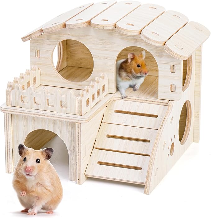 WRINGKIT Wood Hamster House, Tiny Maze Hamster Hideout, Fun Slide Gerbil House with Window, Detachable Double Decker Hut for Hamster Dwarf Mice Mouse Small Animals