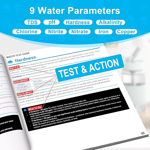 Water Test Kit - TDS Meter, 20 Test Strips (8 in 1), User Action Guide & 2 Record Sheets. Digital Water Tester for Home, Tap & Well Drinking Water.