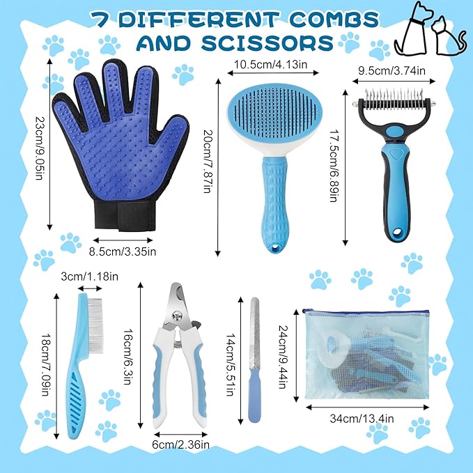 7-in-1 Pet Grooming Kit–Cat Brush,Dog Brush for Shedding,Double-Sided Flea Comb,Dog Nail Trimmers,Dog Bath Supplies–for All Cat and Small/Large Dog Shedding（Blue