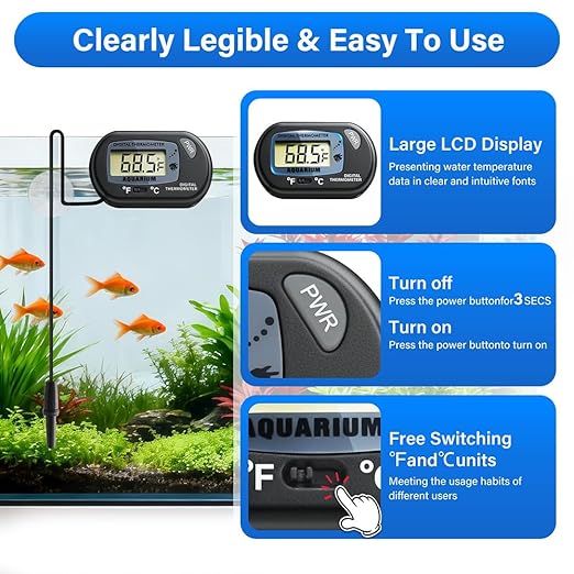Digital Aquarium Thermometer Fish Tank Thermometer Test with Large LCD Display Fahrenheit/Celsius(℉/℃) for Aquarium Reptile Terrarium Turtle Tank