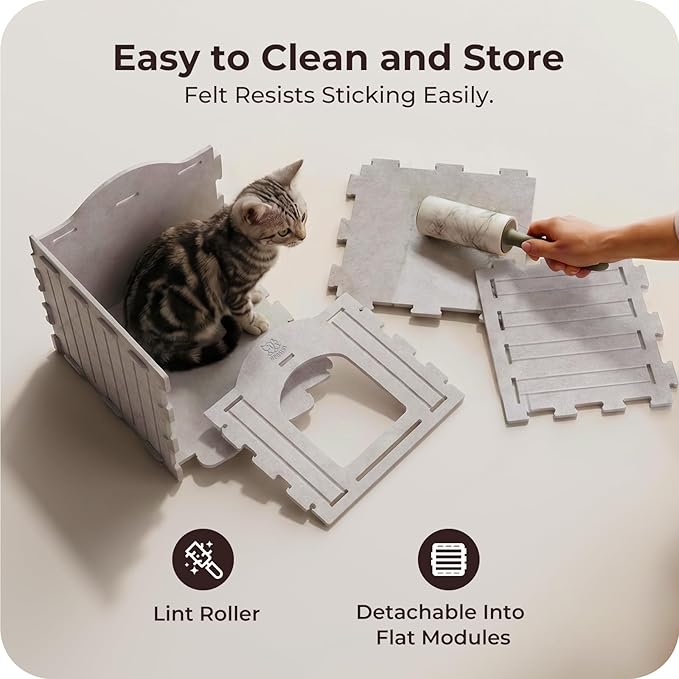 Apasiri Cat Bed Cave for Indoor Cats: New Felt Cat Bed with Fluffy Ball, Foldable Cat House with Scratch-Resistant Board, Hideaway Cat Cave for Timid Cats, Sturdy Two-Tier Cat Condo & Cat Houses