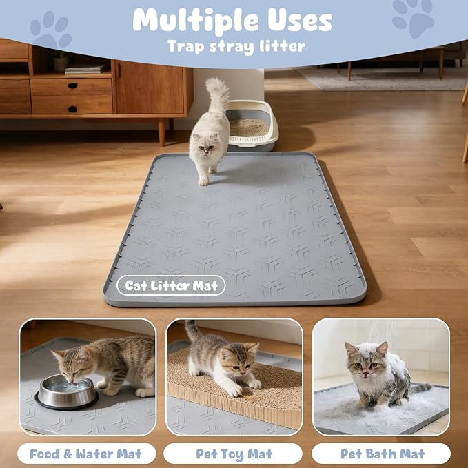 JUJOMAT Cat Litter Box Mat, 40"*28" Large Silicone Cat Litter Trapping Mat Non-Slip Gray Kitty Litter Mat for Indoor Cats, Waterproof Pet Food Mats Easy to Clean & Soft on Kitty Paws