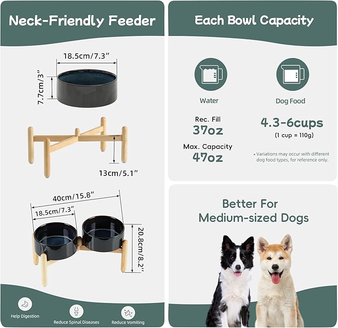 Havniva Ceramic 7.3inch Raised Double Bowls Set with Wooden Stand, Food & Water Bowls for Medium Breed Dogs, Weighted Dog Dishes, Pet Feeder(Starry Sky)