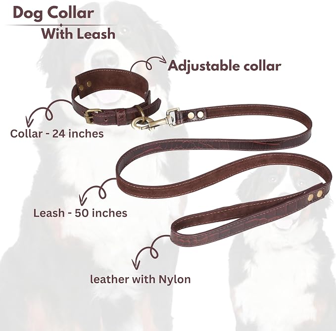 Lightnpro Genuine Leather Dog Collar & Leash Set - Adjustable 24" Collar with Metal Buckle + Durable Lead - Premium Walking & Training Gear for Large Breeds (German Shepherd, Bernese, St. Bernard)