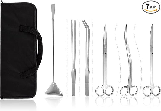 Aquascaping Tools 7 in 1 Kit Aquarium Plant Scissors Tools Set Curved & Waved Scissor Tweezers Spatula Stainless Steel Anti Rust Tools for Fish Tank Cleaning Plant Trimming