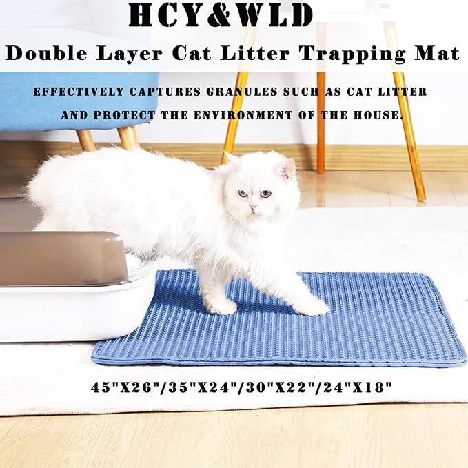 HCY&WLD Cat Litter Mat, Honeycomb Double Layer Cat Litter Trapping Mat, Waterproof Urine Proof Non-Slip, Scatter Control, Less Waste, Easier to Clean (Blue, 30" X 22")