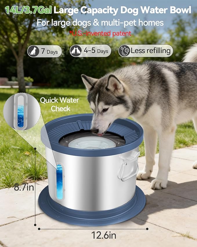 UPSKY 14L No Spill Dog Water Bowl, Stainless Steel Spill Proof Dog Bowl with Water Window, Dual-Suction Anti-Slip Large Capacity Slow Drinking Bowl with Floating Disk for Large Dogs & Messy Drinkers