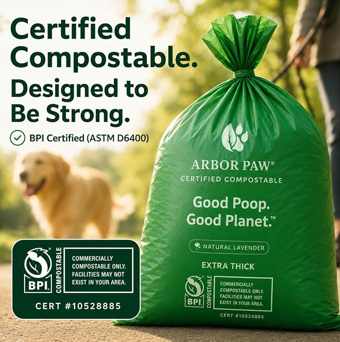 Arbor Paw Compostable Dog Waste Bags, BPI Certified ASTM D6400, Extra Thick 20 Micron, Lavender Scented, 240 Bags (16 Rolls × 15)