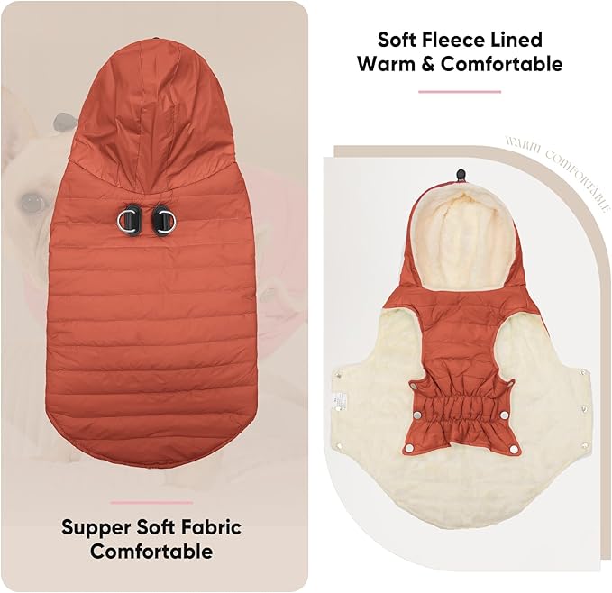 Vecomfy Fleece Lining Dog Hoodie with Harness Built in,Extra Warm Small Dog Jacket in Winter Puppy Coats with Drawstring Hooded,Orange S