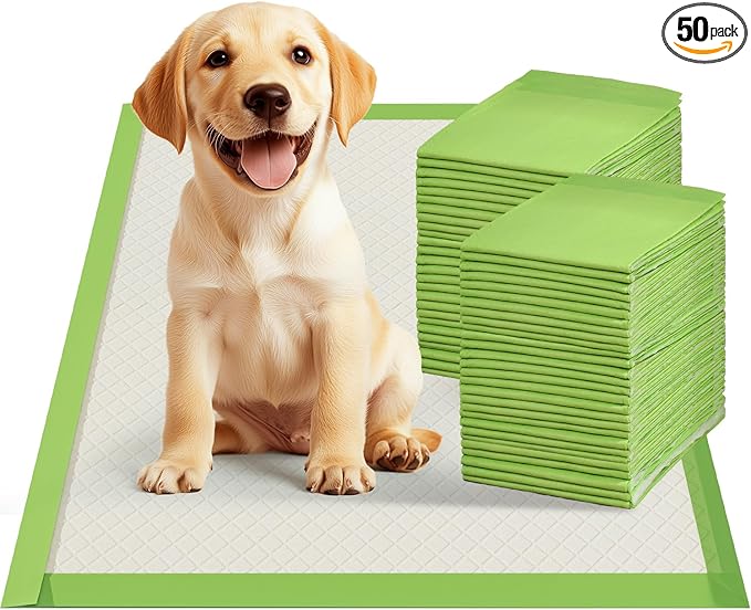 Gardner Pet Dog Pee Pads Rugular 22"x22", Thicker ECO Green Small Disposable Puppy Training Pads Super Absorbent Full Edge-Wrapping Pad for Dogs, Puppies, Doggies, Cats-(50 Count)