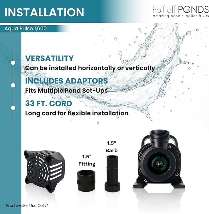 HALF OFF PONDS Submersible Water Pump, 1,600 GPH Pond Pump with 33FT Power Cord and 18FT Max Head, 156W Ultra Quiet Energy Efficient Pump for Koi Pond, Fountain, Waterfall, Water Garden, Skimmer