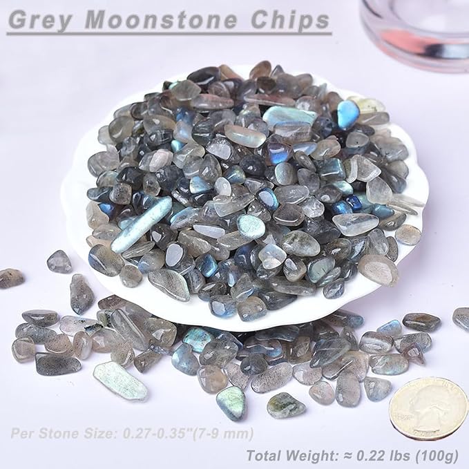 Erliway 100g Natural Grey Moonstone Crystal Chips 7-9mm Tumbled Stones | Small Crushed Crystal Stone, Polished Crystals Chips for Fish Tank, Healing Tumbled Rocks for Reiki Jewelry Making Home Décor