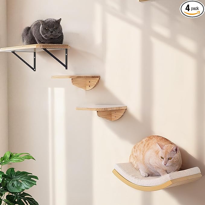 Cat Wall Shelf & Window Perch Combo, Wood Cats Wall Furniture with Soft Foam Curved Bed and Felt-Padded Steps, 4-Piece Floating Cat Climbing System