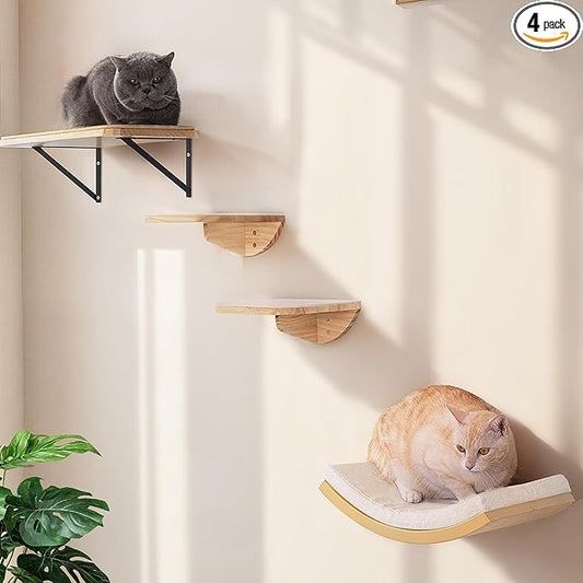 Cat Wall Shelf & Window Perch Combo, Wood Cats Wall Furniture with Soft Foam Curved Bed and Felt-Padded Steps, 4-Piece Floating Cat Climbing System