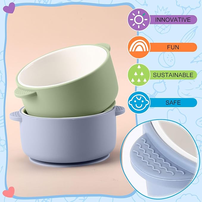 Domensi 2 Sets Kids Porcelain Bowls with Suction Sleeves Toddler Suction Bowl Upgrade Durable Microwave Dishwasher Safe Cereal Soup Snack Dishes for Baby Children Feeding Supplies (Blue and Green)