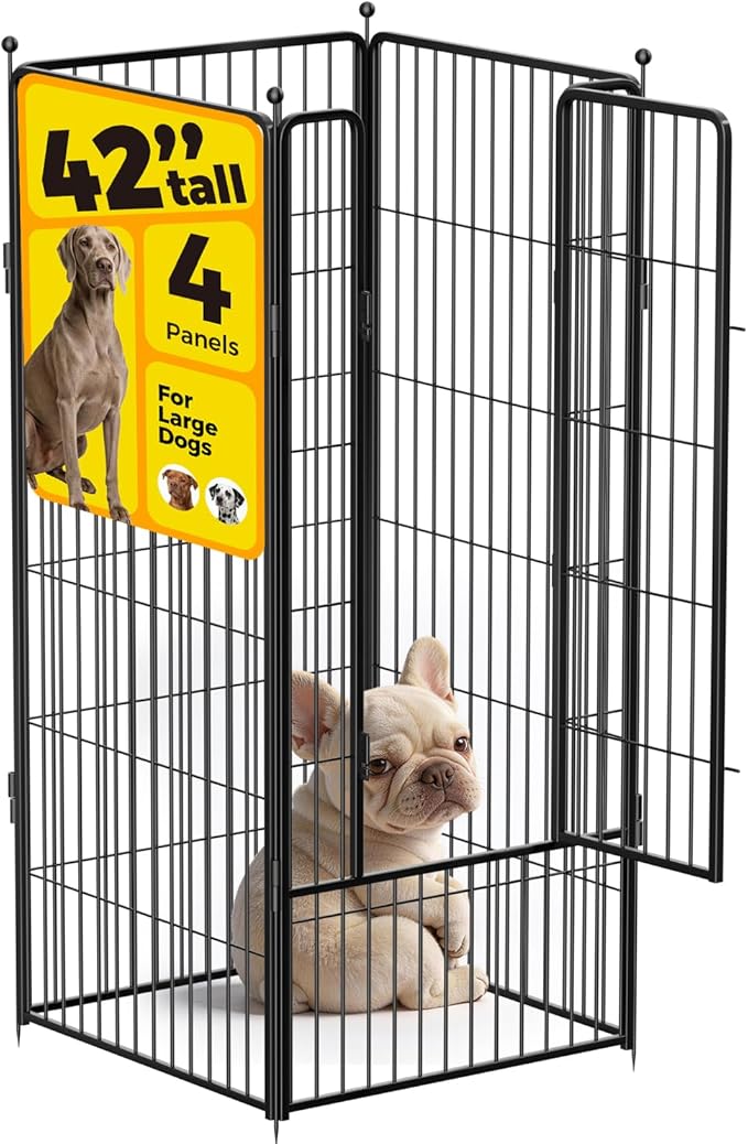 Dog Playpen 42 inch 4 Panels for Indoor & Outdoor Use – Heavy-Duty Metal Pet Fence with Ground Stakes, Rounded Ball Tops for Safety, Stable & Foldable Design, Easy to Assemble