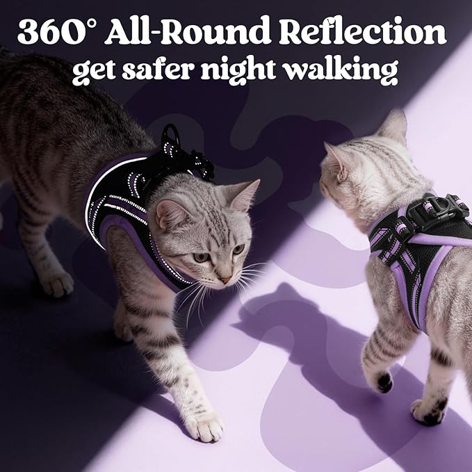 rabbitgoo Cat Harness and Leash Set for Walking Escape Proof, Adjustable Soft Kittens Vest with Reflective Strip for Cats, Comfortable Outdoor Vest, Black & Light Purple, M