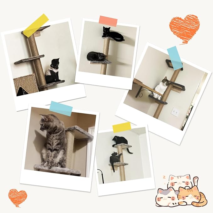PAWSCRAT Cat Wall Shelves, Wall-Mounted Cat Tree, 5 Tier Floor to Ceiling Cats Tower, 80 Inch Wall-Mounted Cat Scratching Post, Space Saving Cat Furniture and Easliy Climb for All Cats, Gery