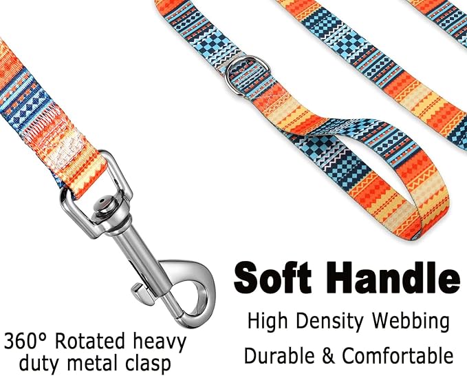 Mihqy Dog Collar and Leash Set with Bohemia Floral Tribal Geometric Patterns - Soft Ethnic Style Collar Adjustable for Small Medium Large Dogs(Bohemian Orange Set,L)