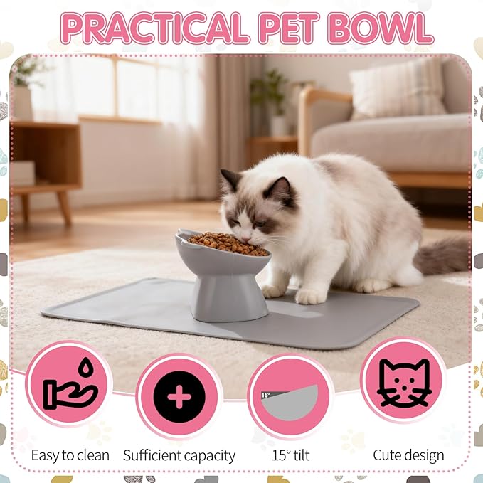 Elevated Cat Bowls 15° Raised Cat Bowl with Silicone Mat Whisker Friendly Anti Vomiting Cats Elevated Food and Water Bowls for Indoor Cats Kittens, Multicolor