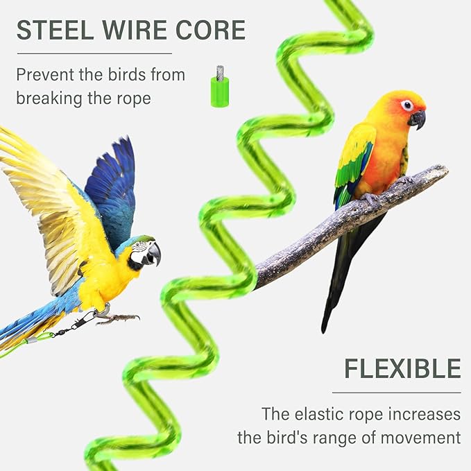 Parrot Flying Leash, 16.4 ft Training Rope with 3 Size Bird Foot Ring, Anti-Bite Elastic String for Cockatiels, Birds, Pigeon (Blue)