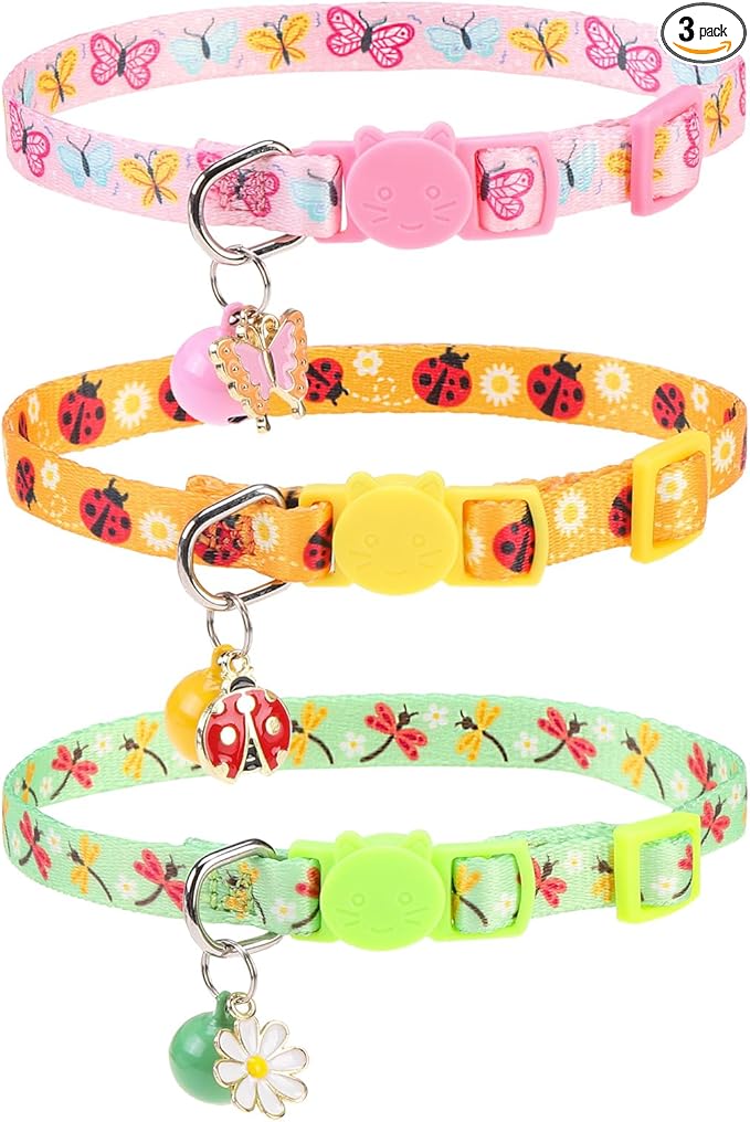 Breakaway Cat Collars with Bell & Cute Pendants, 3 Pack Safety Buckle Kitten Collars, Adjustable Pet Collar Ideal for Girl Boy Cats Puppy (Style A - Insect)