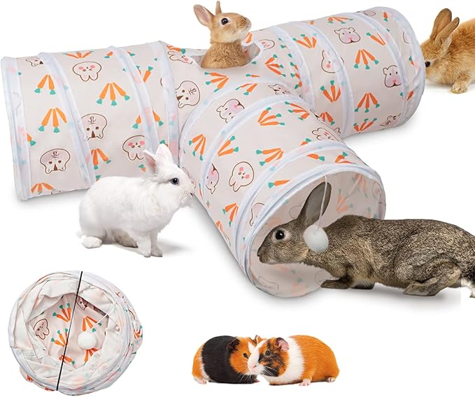 BWOGUE Bunny Tunnels & Tubes Collapsible 3 Way Bunnys Hideout Small Animal Activity Tunnel Toys for Dwarf Rabbits Guinea Pigs Kitty