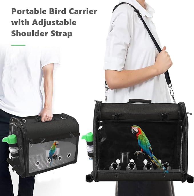 Bird Carrier Bag Bird Travel Cage with Stand, Lightweight Backpack for Parrot, Portable Bird Travel Bag, Pet Transparent Breathable Travel Cage, Black