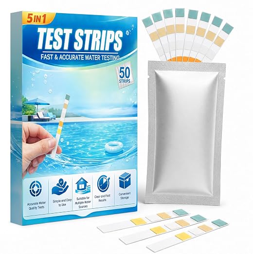 5 in 1 Pool Test Strips, for Water Pool & Hot Tub & Spa & Swimming Pools | Accurate Water Tester, Test for pH, Alkalinity, Free Chlorine,Total Chlorine &Hardness 50 Strips