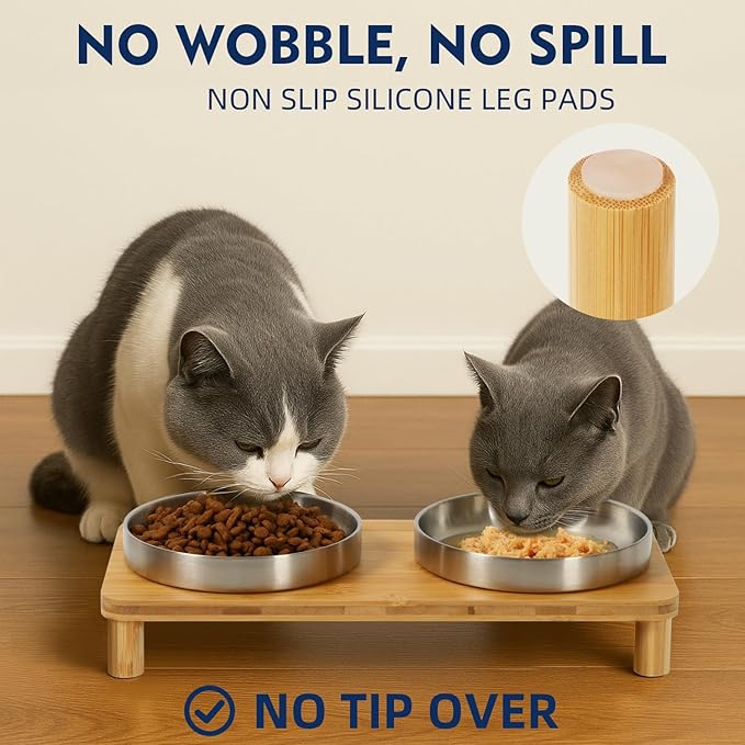 DoogCat Elevated Cat Bowls for Indoor Cats – Raised Bamboo Cat Food Table with 2 Stainless Steel Dishes, Adjustable Height (4.25"/3.07"), Whisker Friendly Feeding Station