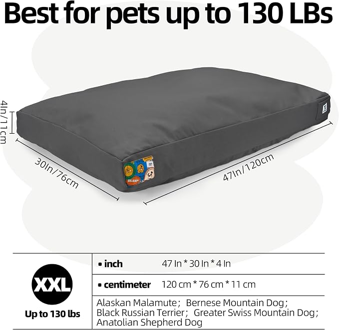 47 Inch Durable Indestructible Dog Bed for XXL Dogs, Outdoor Canvas Chew Proof Pet Crate Mat with Waterproof Washable Removable Cover, Indoor Patio Pet Pad for Crate, Dark Grey