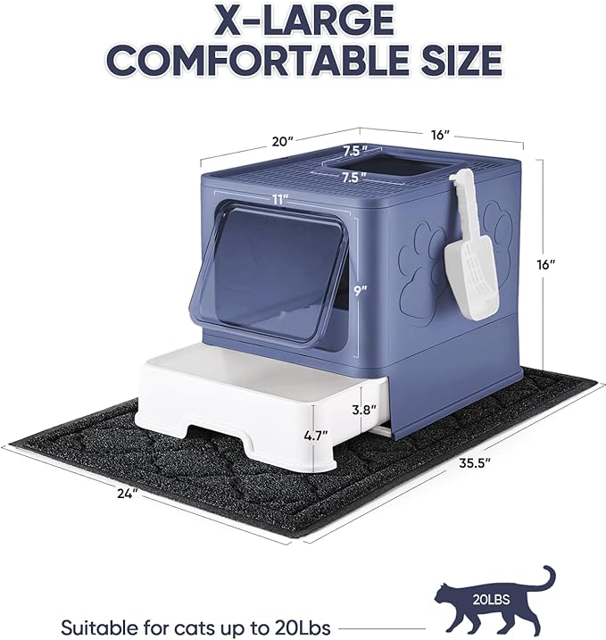 Medario Cat Litter Box with X-Large Litter Mat and Scoop, Large Covered Litter Box with Lid, Enclosed Kitty Box,Front Top Entry Exit, Odor Control Easy to Clean (Upgrade Midnight)