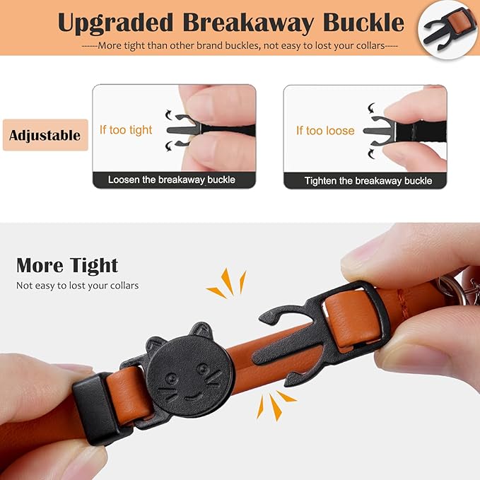 WROSWT Upgrade Breakaway Cat Collar with Bells, Soft Leather Kitten Collars with Name Tag,Safety Adjustable Buckle,Lightweight,Ideal for Girl Boy Cats,Puppies,2 Pack (Pink+Orange)