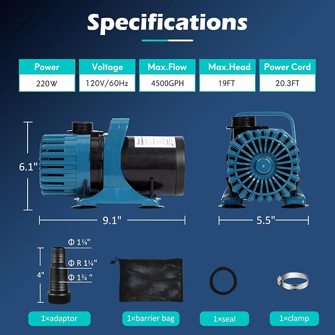 TONGCHANT 4500 GPH Pond Pump for Fish Pond Fountain & Waterfall, 19FT Lift | 220W Submersible Water Pump with 180° Rotatable Nozzle, Filter Bag & 20FT Cord, Ultra-Quiet Operation, UL listed