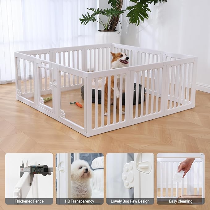 Clear Dog Fence Acrylic Pet Playpen Puppy Enclosure Cat Rabbit Small Play Pen Indoor Outdoor Whelping Box for Dogs with Gate (9 HDPE Panels+3 Transparent Panels)