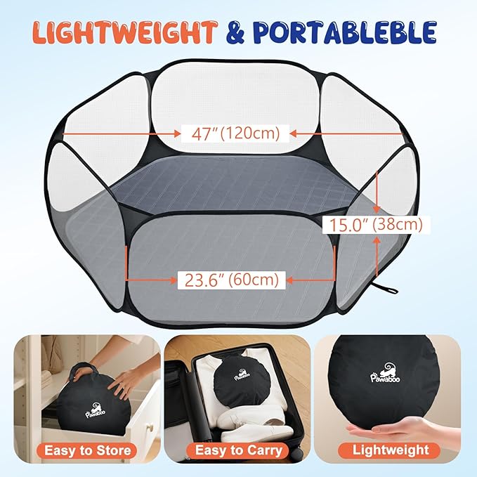 Pawaboo Small Animals Playpen with Pad, Waterproof Small Pet Cage Tent with Reusable Pad, Portable Outdoor Yard Fence for Chick/Kitten/Puppy/Guinea Pig/Rabbits/Chinchillas, Black/Gray