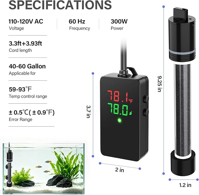hygger 300W Aquarium Heater for 40–60 Gallon Tanks, ±0.5°C Precise Temperature Control, Dual Probe, External Controller, Overheat & Dry-Run Protection, for Freshwater & Saltwater