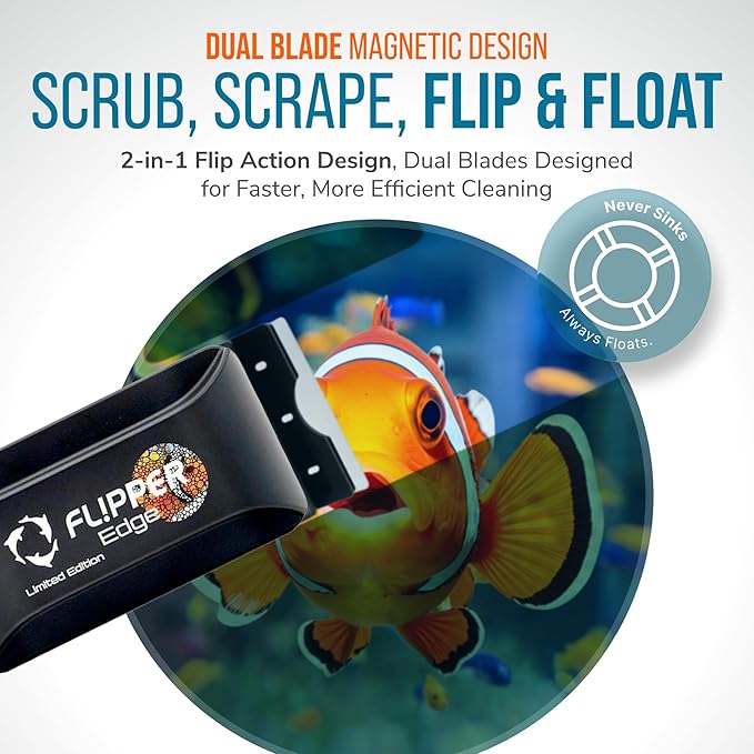 FLIPPER EDGE Standard Limited Edition Clownfish Magnetic 2-in-1 Aquarium Cleaner for Glass and Acrylic Tanks up to 1/2" (12mm) Thick – Dual Blade Design with Floating Algae Scraper and Cleaning Tool