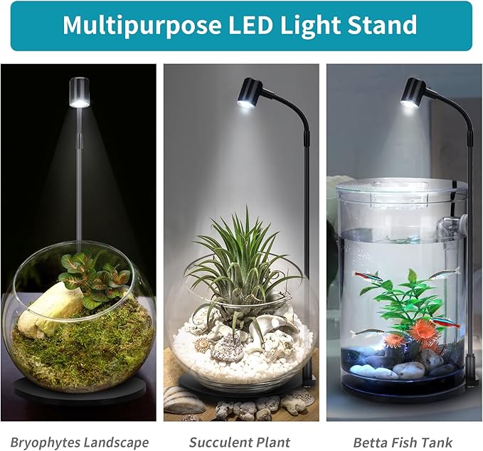 Oltraman LED Aquarium Light, 3W USB Powered Fish Tank Plant Lamp with Black Base Board for 360 Betta Fish Bowl, Potted Plants, Succulents, Miniature Landscape