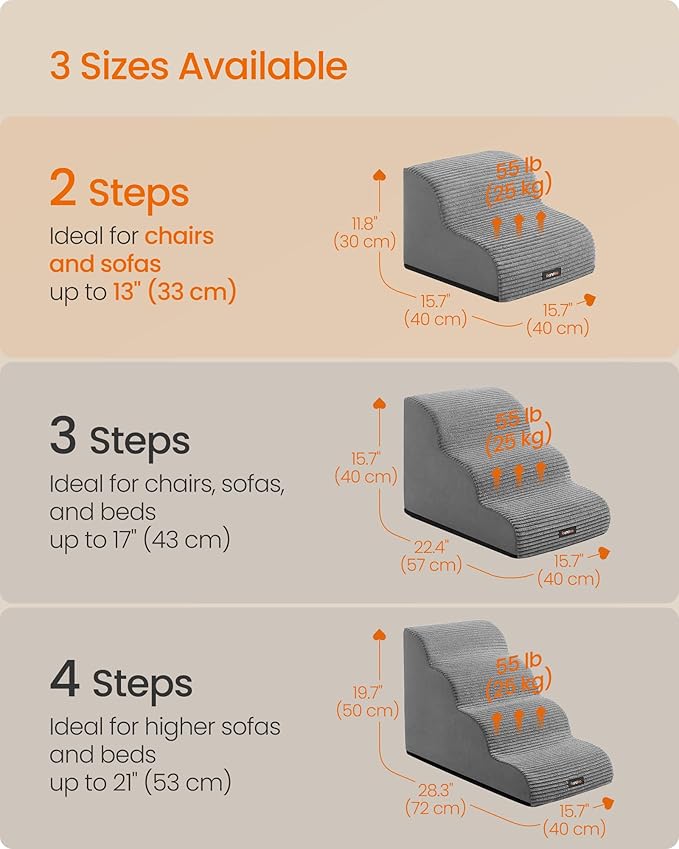 Feandrea 2-Step Dog Stairs, Dog Steps for Bed, Sofa, Waterproof Pet Stairs with Anti-Slip Designs, Gentle Slope, Removable Washable Cover, Handle, Dove Gray UPPS002G01