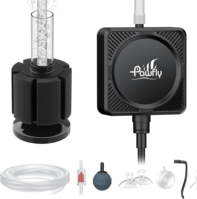 Pawfly 27 L/h Aquarium Air Pump, Mini Air Pump for 1-15 Gallon Fish Tanks | 1.3 W Ultra Quiet Portable Fish Tank Air Pump Oxygen Aerator Kit with Mini Sponge Filter Air Tubing Air Stone Check Valve