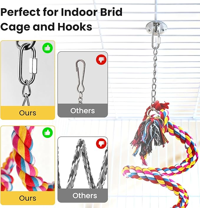 110" Extra Long Bird Rope Perch, 2.4 lb Heavy Duty Cotton Climbing Rope Toy with Bell, Flexible Bungee Swing for Large Parrots Macaw African Grey Cockatoo