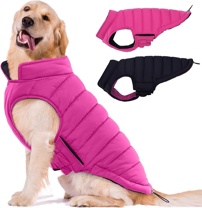 Lelepet Reversible Dog Coat Waterproof Dog Jacket Windproof Puffer Vest for Winter Warm Lightweight Coats for Large Dogs Adjustbale Hook & Loop Pet Apparel with Leash Hole, Boxer, Weimaraner, 2XL