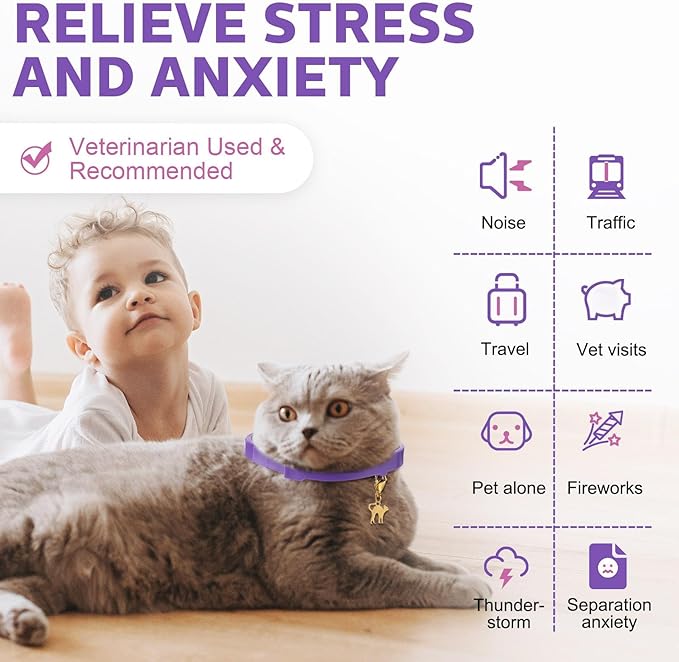 Silkfly 16 Pcs Calming Collar for Cats with 16 Gold Lobster Clasp and 16 Pendants, Adjustable Cat Pheromone Collar Purple Calming Collar for Cats Anxiety and Stress Relief Cat Stop Meowing, 15 Inch