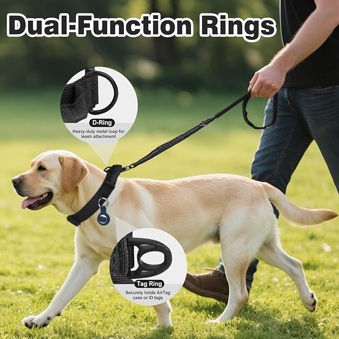 Joytale Tactical Dog Collar for Large Dogs with Control Handle, Heavy Duty Military Training Collar for Power Breeds, AirTag Holder Case, Quick Release Metal Buckle, Soft Padded, L, Black