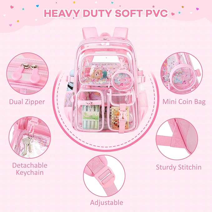 Clear Backpack for Girls School Clear Bookbag Stadium Events Heavy Duty Transparent Back Pack, Pink