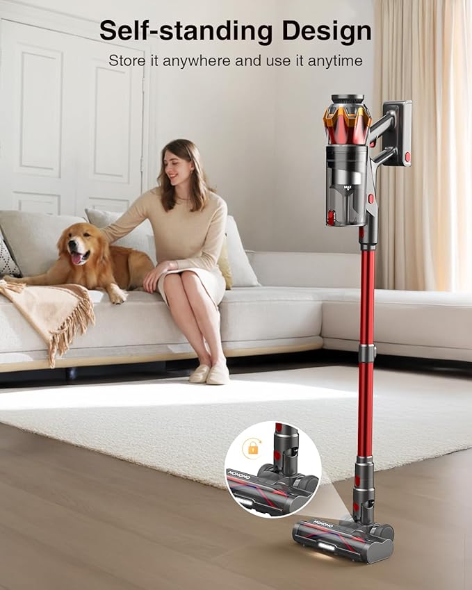 Cordless Vacuum Cleaner, 650W/55KPa 70Mins Vacuum Cleaners for Home, Self-Standing Stick Vacuum with Anti-Tangle Brush & OLED Touch Screen, Vacuum Cleaner for Hardwood Floors,Carpet,Pet Hair,Car (Red)
