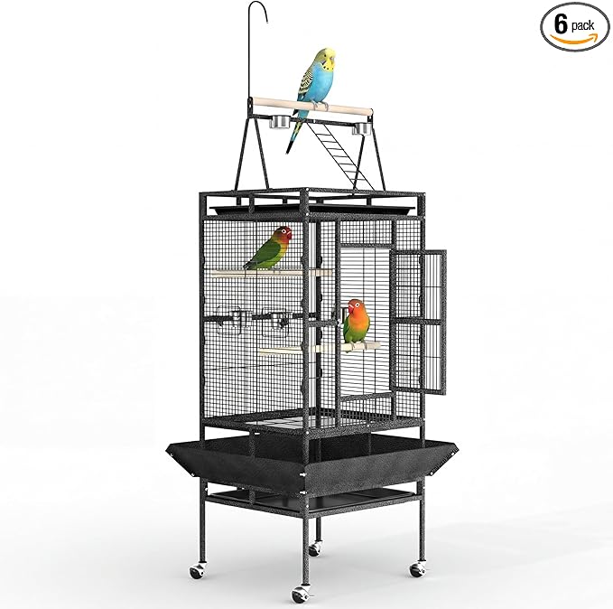 Large 82" Parrot Cage with Wheels, Play Top & Rope Perch - Spacious Flight Bird Cage for Parakeets, Cockatiels, Conures - Powder-Coated Speckled Black