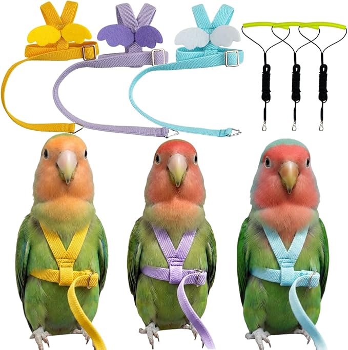 3 Pack Adjustable Bird Harness with Elastic Leash, Pet Parrot Harness and Leash, Adjustable Training Design Anti-Bite, Bird Nylon Rope with Cute Wing for Conure African Grey (S)